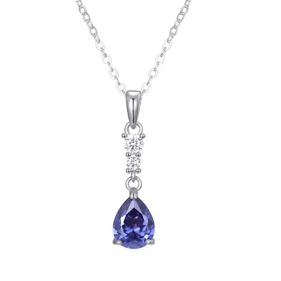 Ladies Solid Sterling 925 Silver Sapphire & Pear Cut Tanzanite Pendant Necklace • £31.99