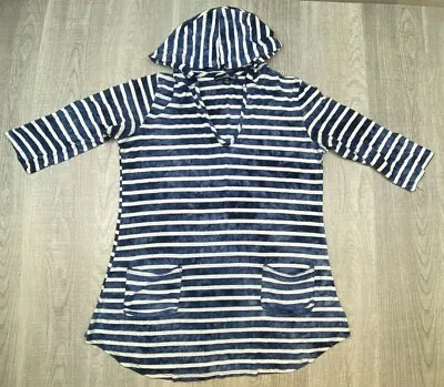 Willi Smith Womens Sz Small Blue White Striped Hooded Pocketed 3/4 Sleeve Top • $11.80