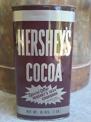 Vintage HERSHEY'S COCOA 16 Oz. 1 Lb. Metal Tin 1934 Cookbook Offer • $11