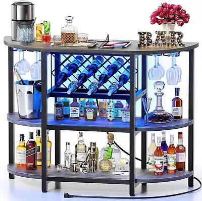 Bar Table Cabinet With Power Outlet LED Home Mini Bar For Liquor Metal Brown • $210.99