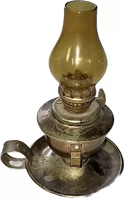 Vintage Miniature Copper & Amber Glass Chimney Oil Chamber Stick Finger Lamp • $15.25