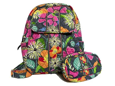Vera Bradley Large Backpack Jazzy Blooms With Cosmetic Bag + Mirror EUC • $49.99