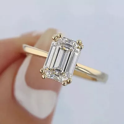 3.0 CT Emerald Cut Diamond Double Claw Prong Wedding Ring Yellow Gold Plated • $161.09