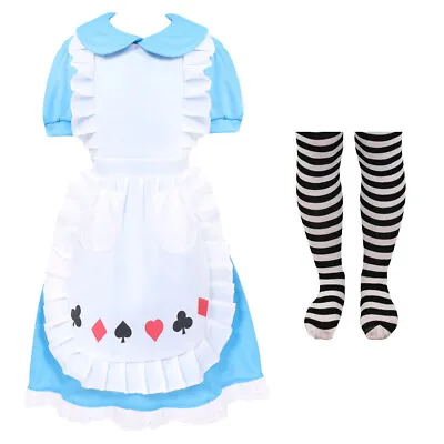 Girls Alice Costume With Tights Childs Book Week Wonderland Princess Fancy Dress • £9.99