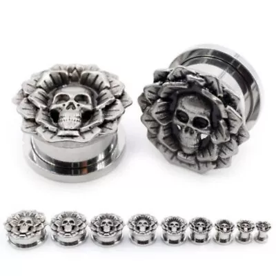 Pair Flowering Death Skull Ear Gauges Ear Tunnels Plugs Piercings Body Jewelry • $16.37