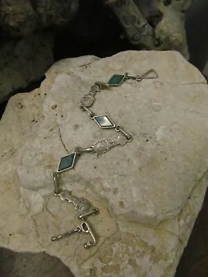 Vintage 925 Sterling Silver Mayan Figures Green Turquoise Stone Link Bracelet  • $52.99