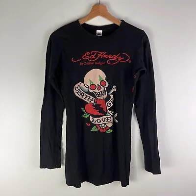 Ed Hardy T Shirt Womens Large Black Death Of Love Y2K Rhinestones Skull Tee • $37.99