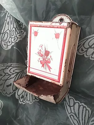 Antique VTG Tin Match Safe Box Holder Fireplace Kitchen Decor TULIP? FLOWER BOW • $18