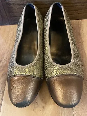 DONALD PLINER Couture HALO Cap Toe Ballet Flats Leather Gold Sequins Bronze 8.5 • $14.99