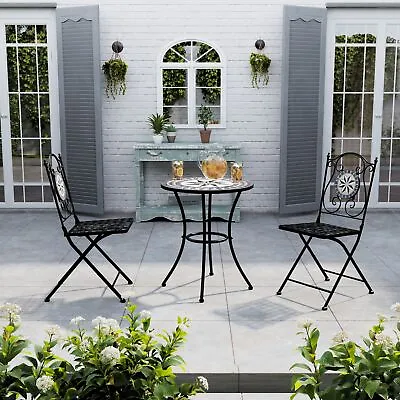Black Mosaic Bistro Set Garden Table & Chairs Outdoor Patio Iron Frame Furniture • £135.95