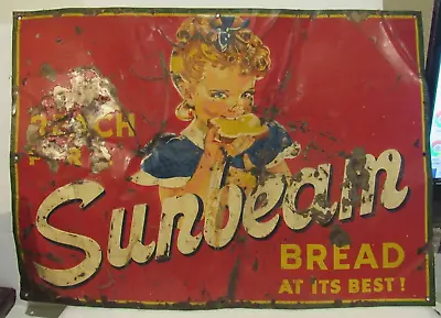 Vintage Sunbeam Reach For Bread 27  Sign Metal Little Girl Eating Original • $195