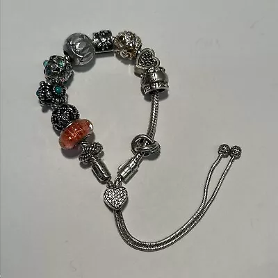 $120 • Buy PANDORA Moments Pave Heart Clasp Snake Chain Slider Bracelet W/  10 Charms