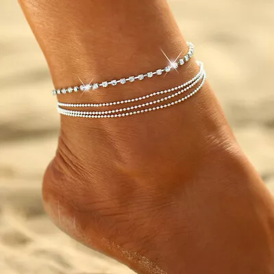 Ball Bead Ankle Bracelet Multi Layer 925 Sterling Silver Anklet Foot Chain Beach • £3.79