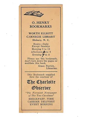 VTG O Henry Bookmark Worth Elliot Carnegie Library Hickory NC Charlotte Observer • $20