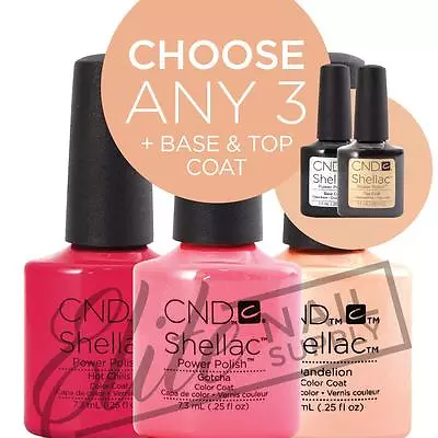 CND SHELLAC Color Coat 7.3ml - Any 3 Colours + Base + Top + FREE Remover Wraps • $118.95