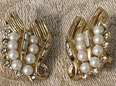 Vintage Classic Crown Trifari Gold Tone Faux Pearl Rhinestone Clip Earrings • $24.95