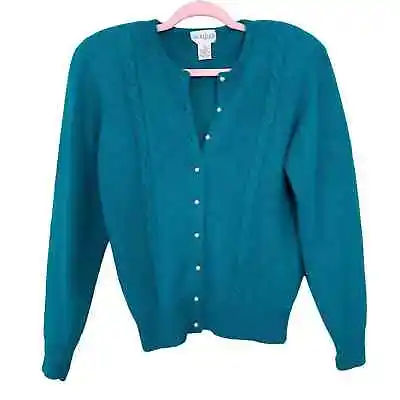 Vintage Nordstrom Teal Angora Cable Knit Sweater Cardigan Pearl Buttons 80s • $60