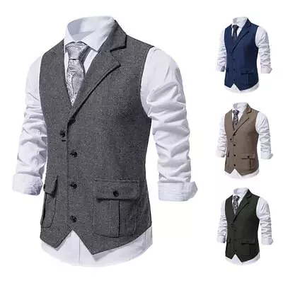 Mens Herringbone Tweed Suit Vest Vintage Wool Blend Notch Lapel Waistcoat Vest ~ • $20.64