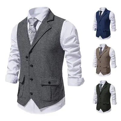 Mens Herringbone Tweed Suit Vest Vintage Wool Blend Notch Lapel Waistcoat Vest • $5.27