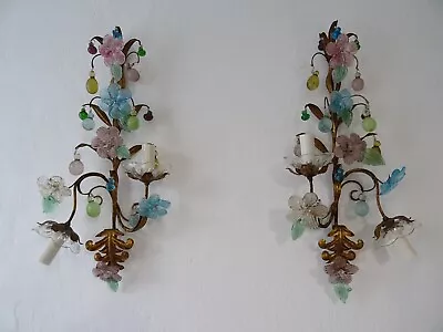 ~One Of Kind French Colourful Murano Glass Flowers & Drops Sconces Circa 1930~ • $2499