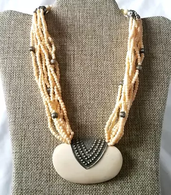 Vintage Multi Strand Bead Necklace Silver Tone Metal Oval Pendant Light Apricot • $8