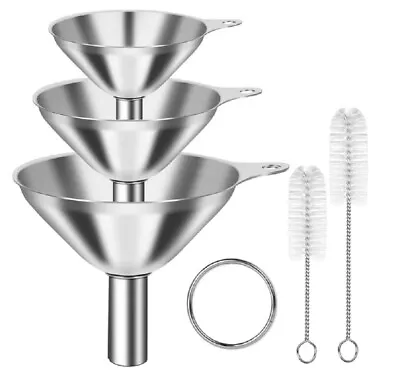 3 Pcs Stainless Steel Kitchen Funnel Set W 2 Brush - Food Grade No-Spill Design • $9.40
