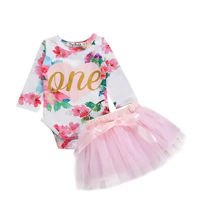 1st First Birthday Outfit Set Dress Smash Cake Party Tutu Pink Flowers Heart • $38.50