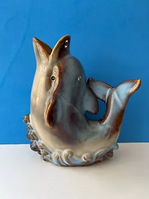 Pottery DOLPHIN FISH VASE Blue Tan Mouth Open Ocean Beach Sea Decor Design • $19.99