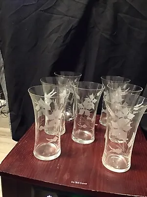 Vintage Glass Clear  Glasses Tumblers Etched Flowers - Set Of 7 • $17.95