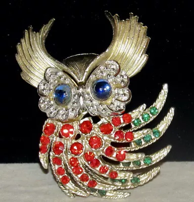 AMAZING VTG RHINESTONE GREAT HORNED OWL BROOCH PIN With MOVEABLE FEATHERS • $30