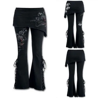 2019 Womens Leggings Micro Slant Skirt Gothic Punk Pants Lace Up Bell Bottom • £19.67