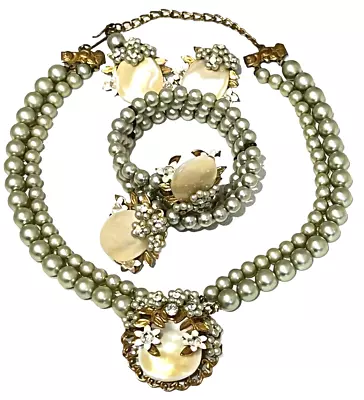 Vintage Robert Haskell Era MOP Shell Pearl & Rhinestone Bracelet Necklace ER Set • $225