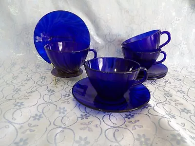 Duralex Vereco Rivage Cobalt Blue Glass Swirl CUP & SAUCER 4 SETS • $25