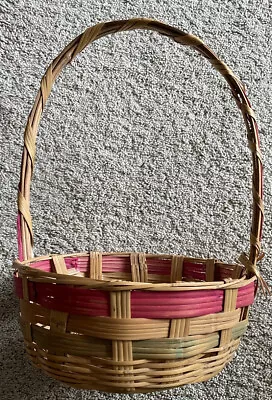 Vintage Easter Basket Round Hand Woven Straw Mexico Diameter 10” Height15” • $9