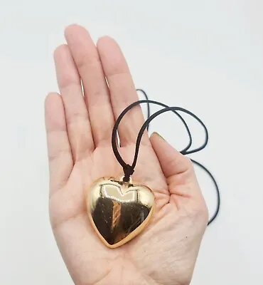 Gold Large Heart Pendant Necklace Black Cord Adjustable 90s • £7.99