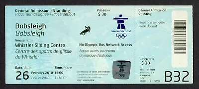 2010 Vancouver Olympics Men's Bobsleigh Ticket USA TRACK RECORD 50.86 GOLD 2/26 • $99