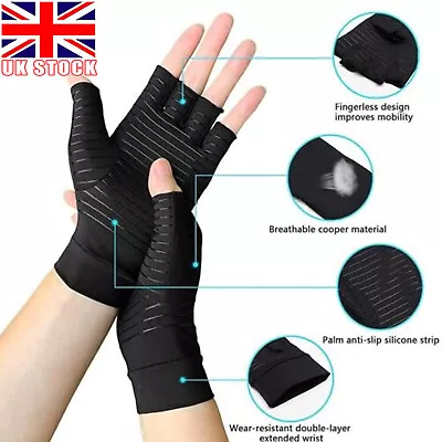 Copper Compression Gloves Anti Arthritis Fingerless Hand Support Pain Relief UK • £4.99