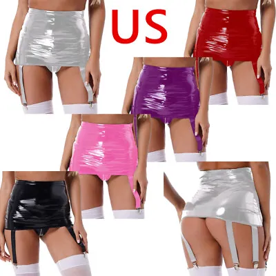 US Women Wet Look PVC Leather High Waisted Garter Belt With 6 Wide Straps Skirts • $13.15
