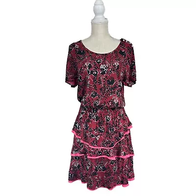 Matilda Jane Dress Womens Medium Red Black Floral Pink Ruffle Skirt Mini Flutter • $23.98