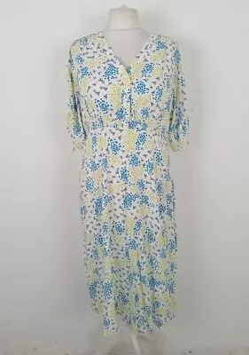 Women's M&S Dress White Blue Yellow Floral V Neck Ruched Sleeve Midi NWOT F2 • £9.99