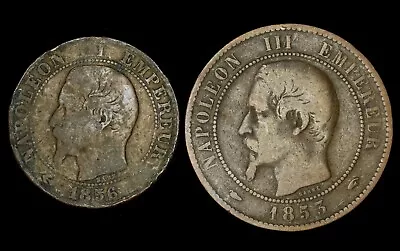 1856 & 1853 France. 5 10 Centimes. Napoleon III. Rouen Paris Mints. Bronze. • $4.25