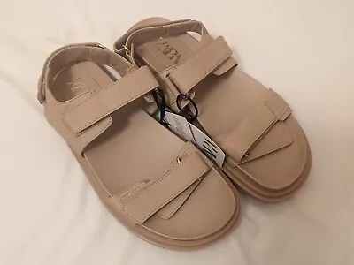 NEW Zara Flat Leather Sandals Size 10 Beige Straps Ankle Minimalist Boho • $35