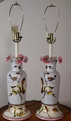 Milk Glass Hand Painted Moss Flower And Birds Pair Of Table Lamps • $280