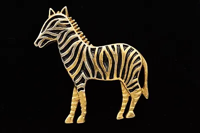 Vintage Pin Brooch Zebra Black Enamel Striped Antiqued Gold Tone 80s BinAL • $12.76