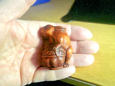 Hand Carved Wood Netsuke Rabbit With Food Basket Collectable Boxwood Figure • £24.99