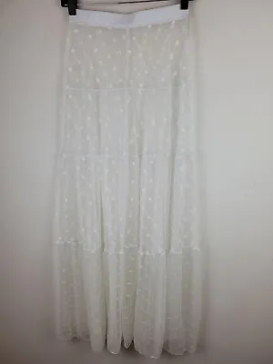 Maxi Peasant Skirt S White Mesh Sheer Flared Polka Dot Pull On Boho Minimalist • $12.59