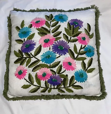 Vintage Crewel Hand Embroidered Decorative Throw Pillow Floral Fringe 13”x13” • $24.99