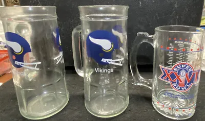 2 VINTAGE GLASSES FISHER PEANUT JAR BEER MUG MINNESOTA VIKINGS & Super Bowl XXVI • $29.95