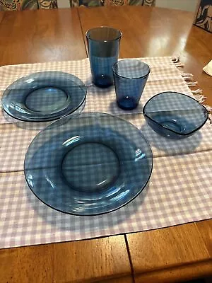 Vereco Dishes Made In France Complete Setting In Blue Art Glass. Approx. 1970s. • $49