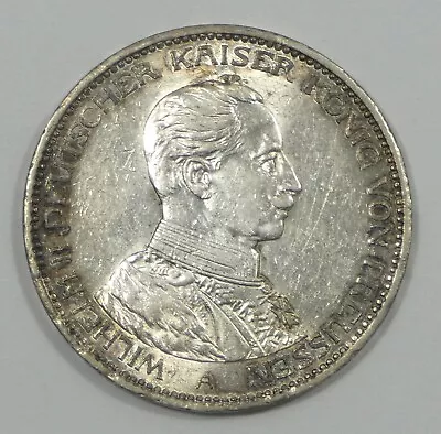 1914-A GERMANY PRUSSIA Wilhelm II Silver 3 Mark ALMOST UNCIRCULATED • $29.50